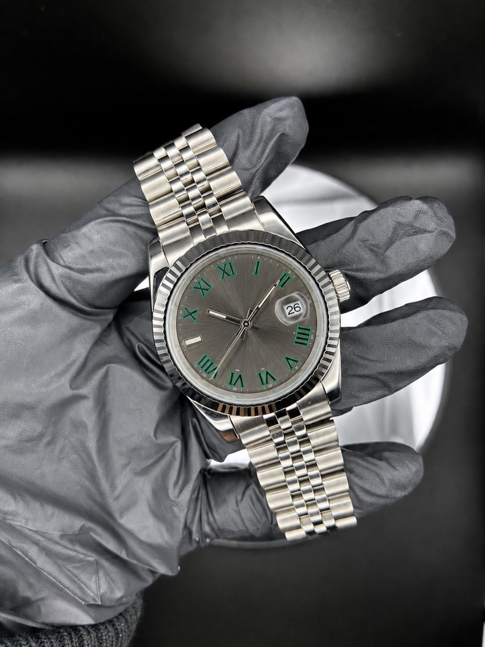 Stainless Steel Men’s Datejust Watch with Green Roman Numerals